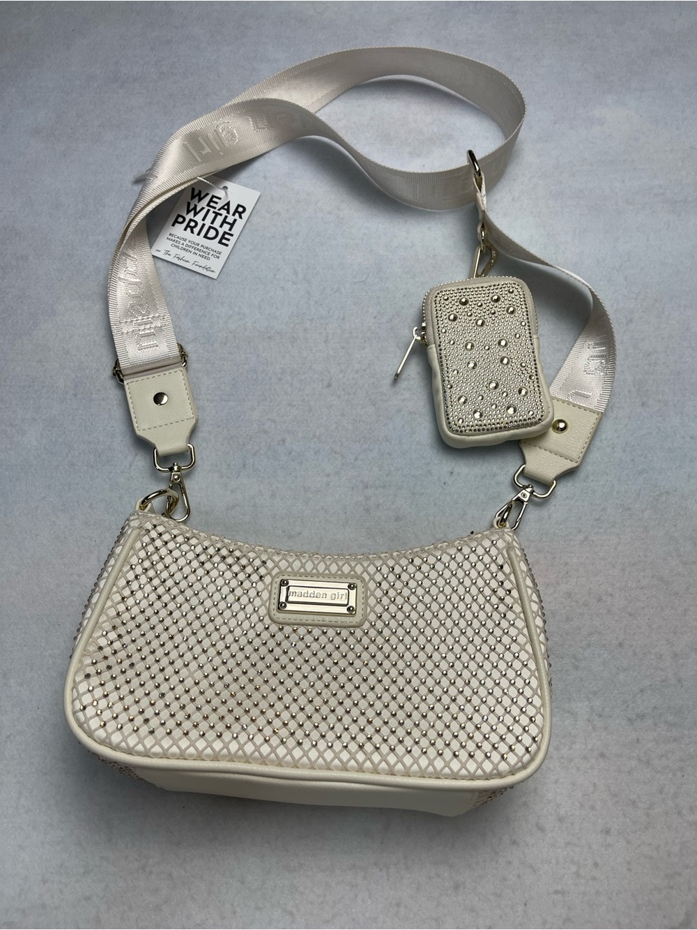 Madden Girl Cream Woven & Jeweled Crossbody with Detachable Wide Strap